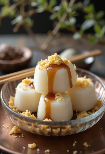 Kuzumochi serverad med kuromitsusås, med rostade sesamfrön