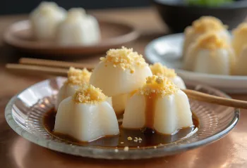 Kuzumochi serverad med kuromitsusås, med rostade sesamfrön