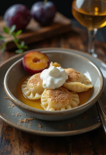 Polska plommonpierogi med florsocker och gräddfil