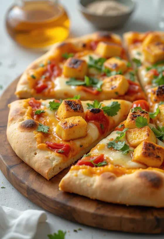 Paneer tikka pizza med yoghurtsås och grönsaker