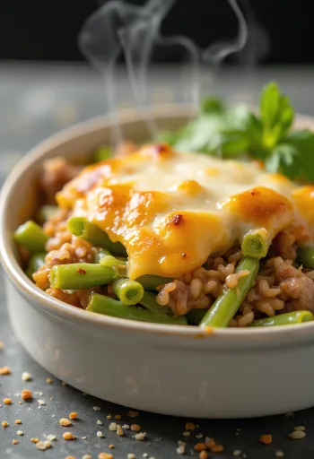 Gröna bönor-gratäng med färsk gräddfil och stekt ost på toppen.