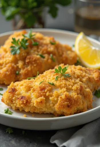 Panerad kycklingfilé stekt gyllenbrun serverad med sallad