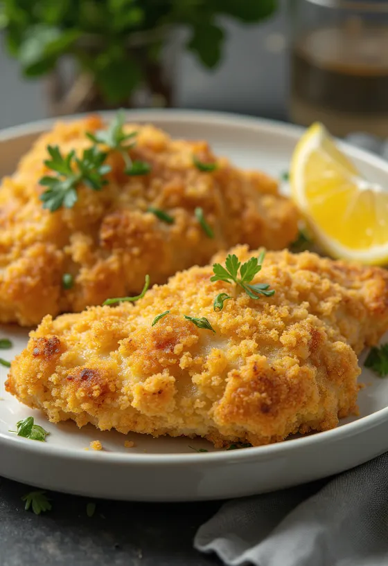 Panerad kycklingfilé stekt gyllenbrun serverad med sallad