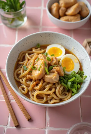 Stamina udon-skål med ägg och kött, färsk salladslök