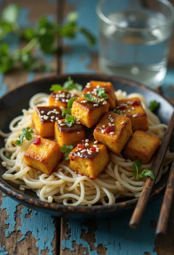 Stekt tofu med thaidressing serverad