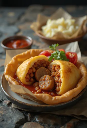 Acarajé med korv dekorerad med kryddiga bönor och färsk persilja