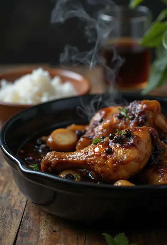 Kycklingadobo, kokad i sojasås, serverad med ris