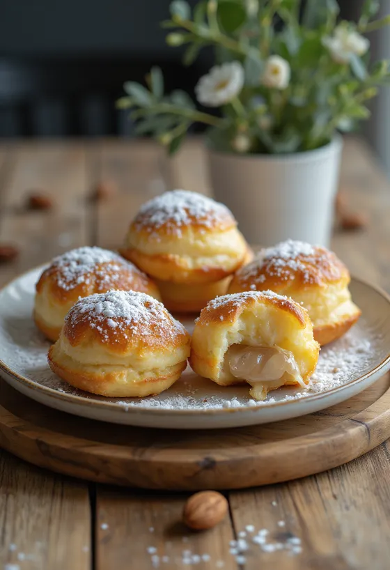 Æbleskiver med mandelfyllning, pudrade med florsocker, serverade i en skål