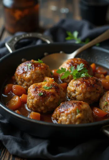 Stekpanna fylld med gyllenbruna frikadeller