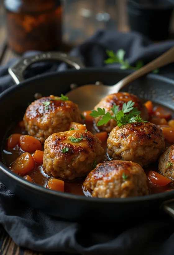 Stekpanna fylld med gyllenbruna frikadeller