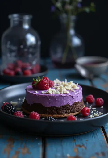 Chokladtårta med fruktmousse serverad i bitar