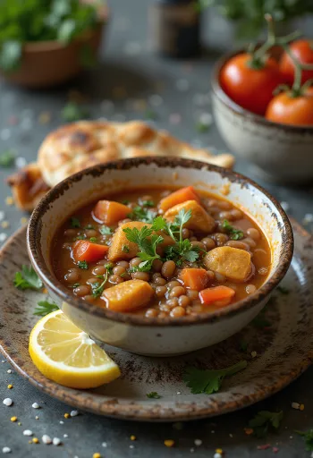 Harira med linser, serverad med kyckling, färsk koriander och limoncello