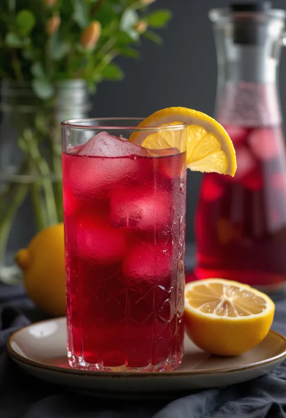Hibiskuslemonad serverad i glas