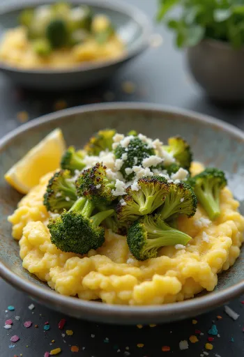 Krämig polenta serverad med rostad broccoli, smaksatt med vitlök