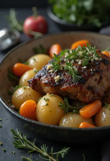 Ugnsstekt murmeldjurskött serverat med rotfrukter på ett fat.