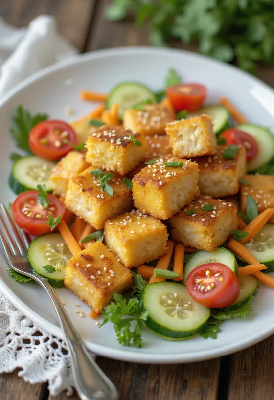 Stekt tofu serverad med grönsakssallad