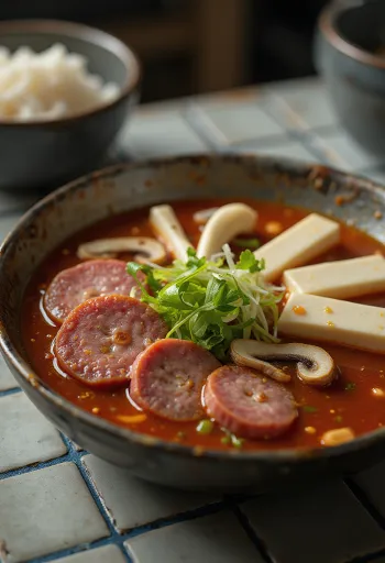 Sundae Jeongol, koreansk soppa serverad med tofu, svamp och färsk salladslök