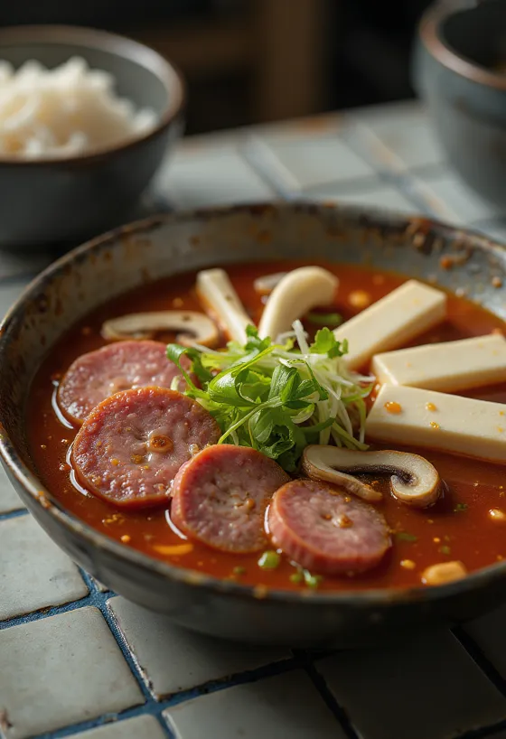 Sundae Jeongol, koreansk soppa serverad med tofu, svamp och färsk salladslök