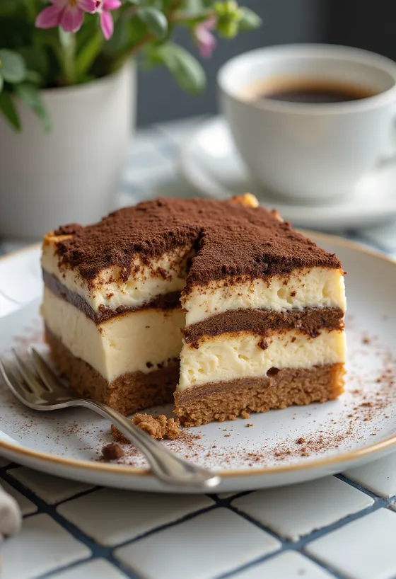 Tiramisu-cheesecake dekorerad med kakaopulver