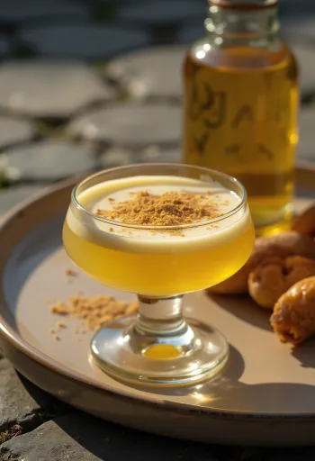 Hemgjord ägglikör i flaska, toppad med riven muskotnöt.