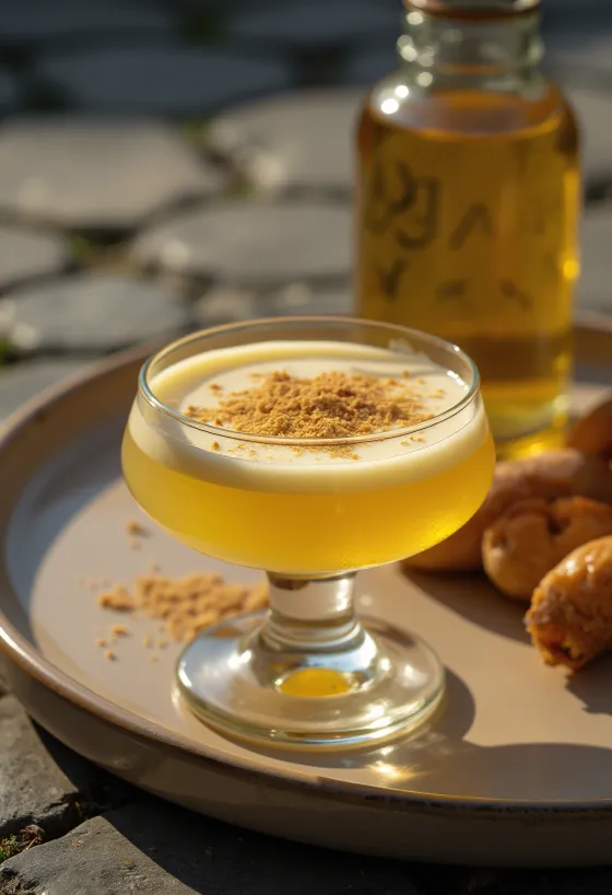 Hemgjord ägglikör i flaska, toppad med riven muskotnöt.