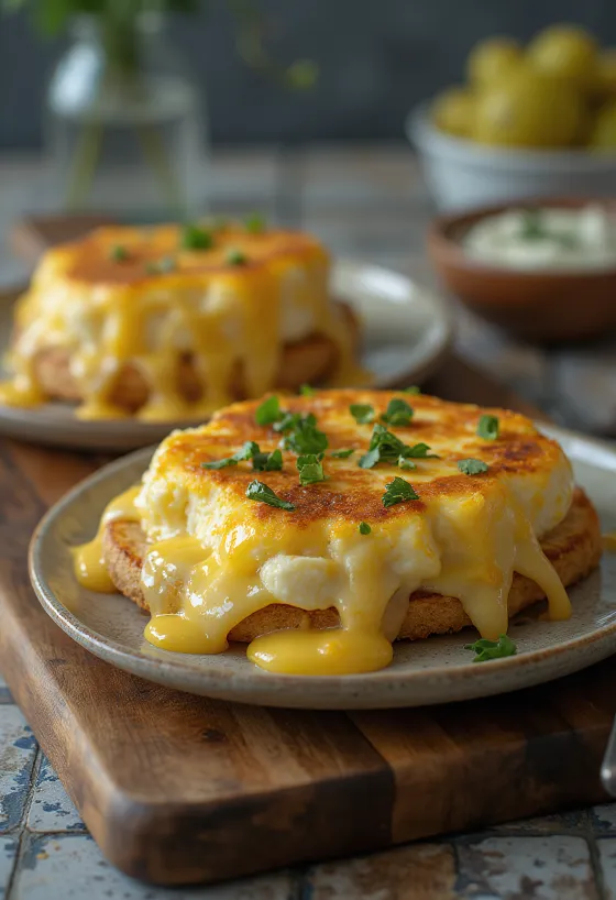 Welsh rarebit med Worcestershiresås serverad, i ostsås, ovanpå rostat bröd