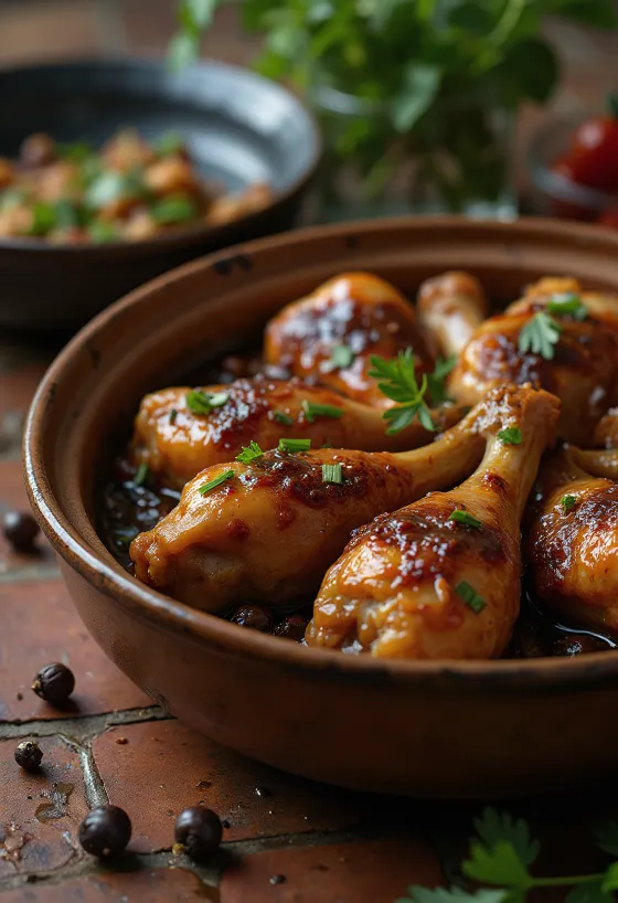 Adobo med kött serverad i soja och vitvinssås dekorerad med färska örter