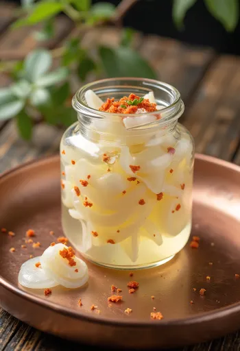 Daikon-zuke, färska inlagda rättiksskivor serverade på en vit tallrik, garnerade med koriander