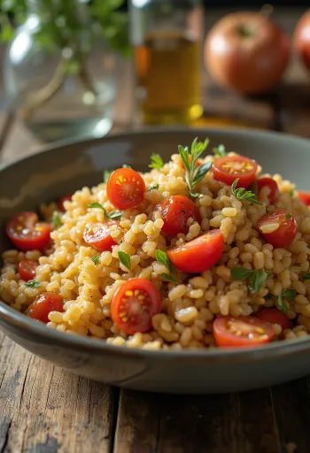 Farro med tomat och färska örter serverad