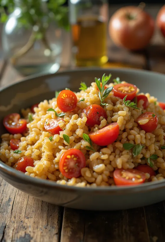 Farro med tomat och färska örter serverad