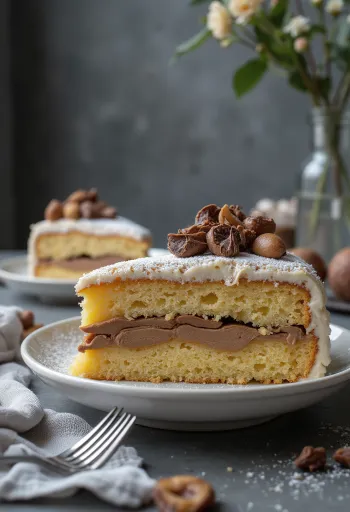 Kastanjetårta skuren i bitar, dekorerad med choklad