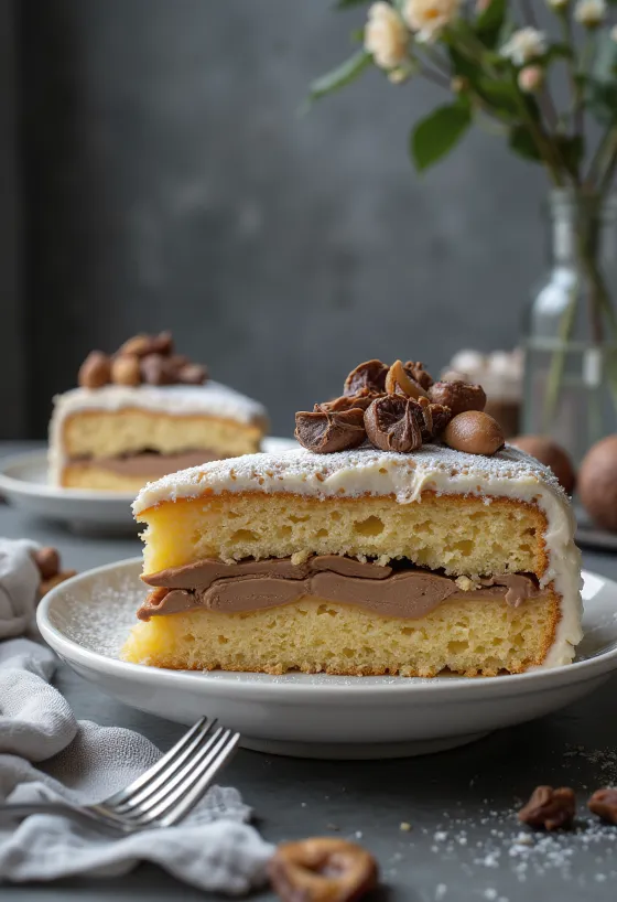 Kastanjetårta skuren i bitar, dekorerad med choklad