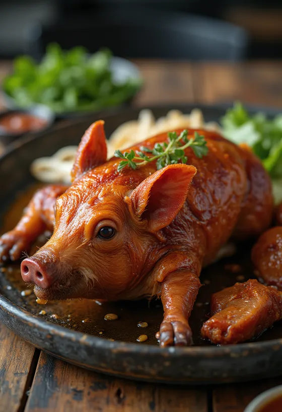 Lechon, helstekt gris med krispig svål serverad