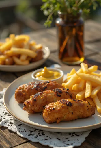 Mititei med pommes frites, serverad med färska örter