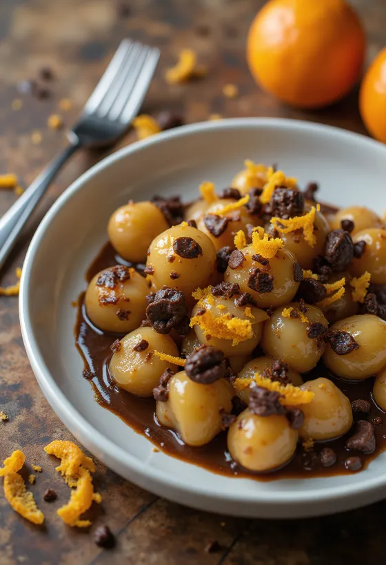 Gnocchi med apelsin och mörk choklad serverad