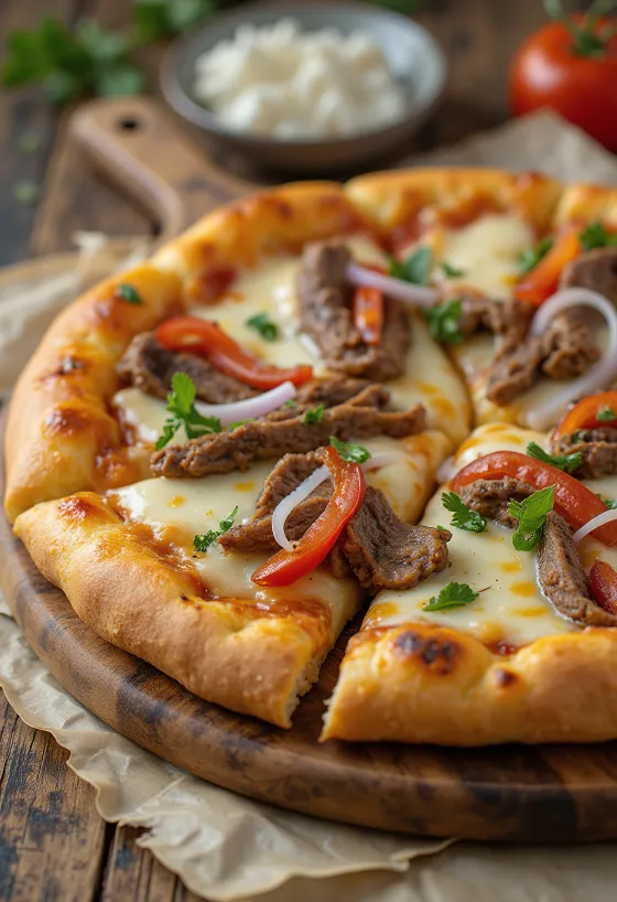 Philly cheesesteak pizza med biffskivor och paprika