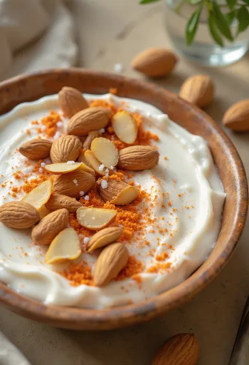 Probiotisk yoghurt serverad med mandel och strösslad med paprika