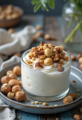 Probiotisk yoghurt med rostade hasselnötter i skålar, strödd med grovhackade nötter