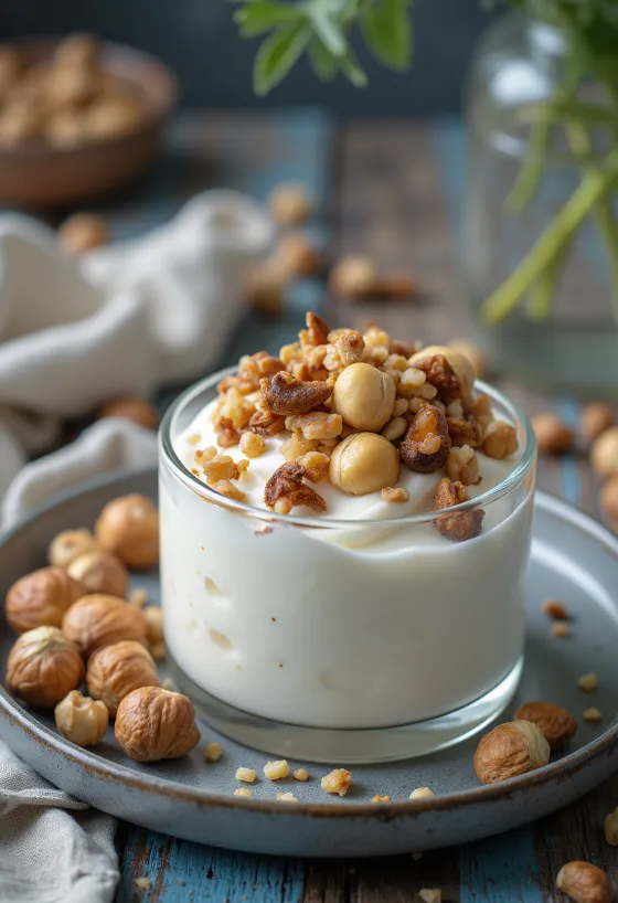 Probiotisk yoghurt med rostade hasselnötter i skålar, strödd med grovhackade nötter