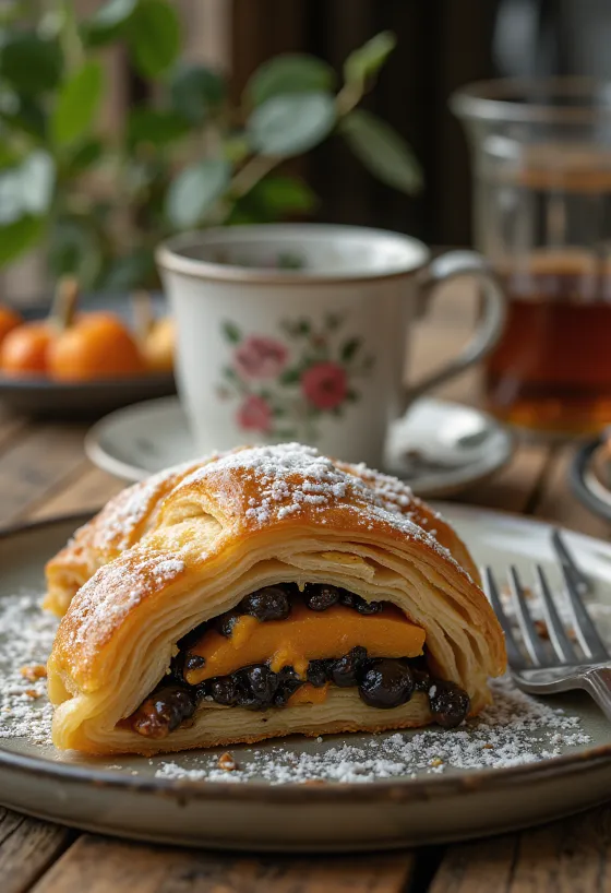 Strudel med pumpa och vallmofrön gräddad gyllenbrun, pudrad med florsocker