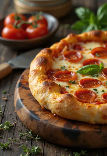 Pepperonipizza med ostfylld kant serverad