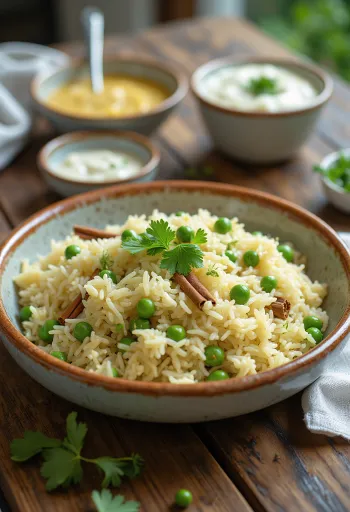 Pulao med gröna ärtor, kryddigt ris serverat med färsk koriander