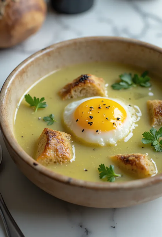 Açorda med vitlök, portugisisk brödsoppa med pocherat ägg