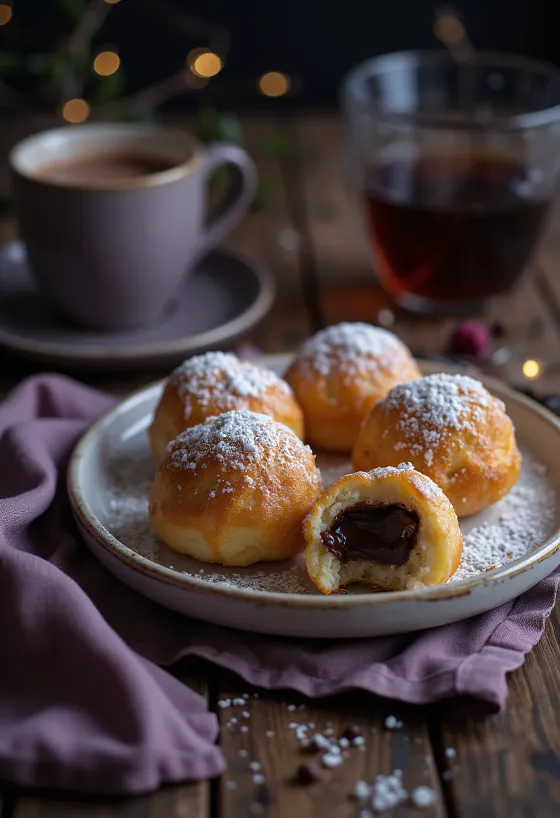 Nygäddade æbleskiver serverade med chokladkräm och florsocker
