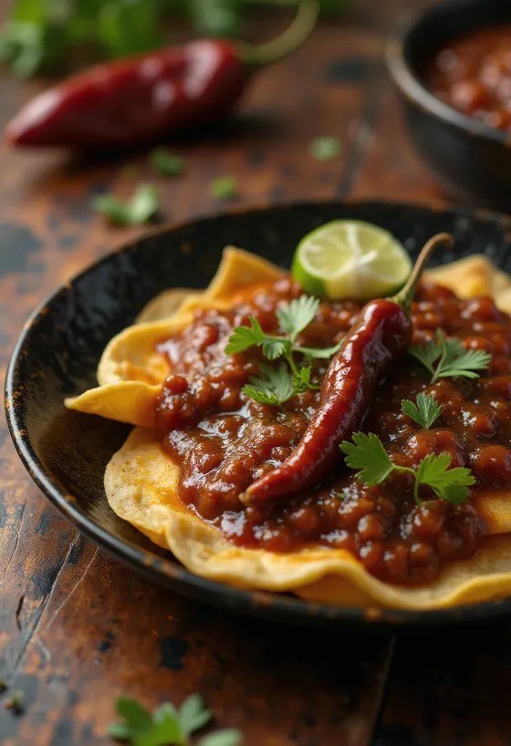 Chilaquiles con salsa de chile pasilla – med röd sås, krispiga tortillabitar, riven ost och gräddfil