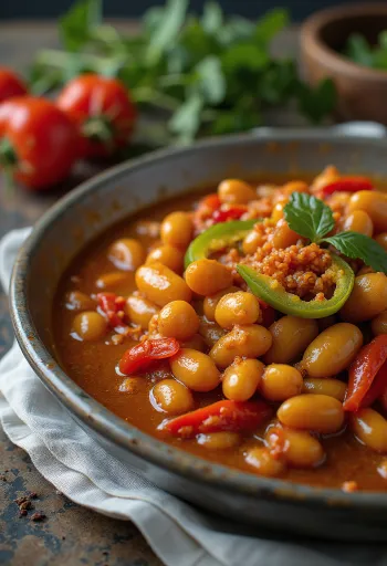 Gigantes plaki med het chili, serverad med persilja och färskt bröd