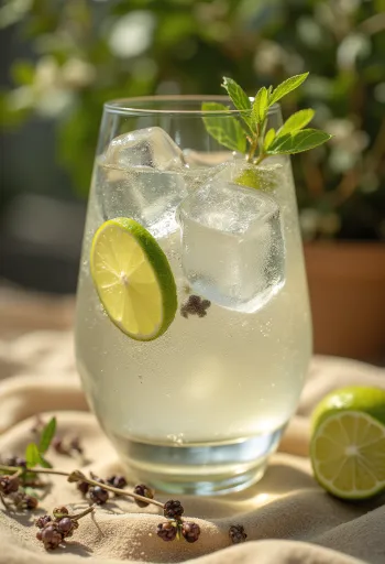 Gin Tonic dekorerad med limeskivor och isbitar