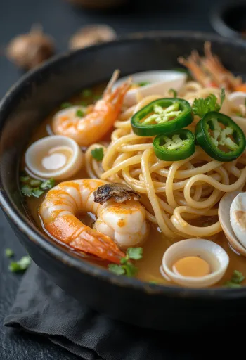 Koreansk nudelsoppa med skaldjur i skål