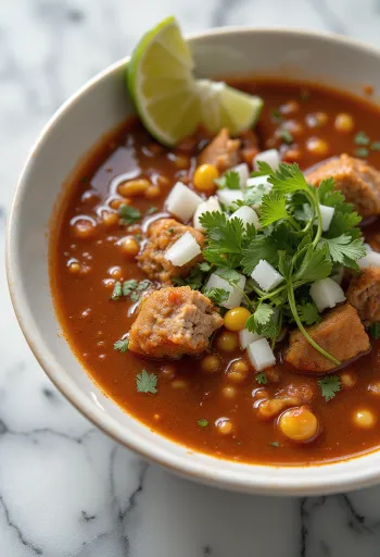 Pozole con chile guajillo serverad med limeskivor och koriander