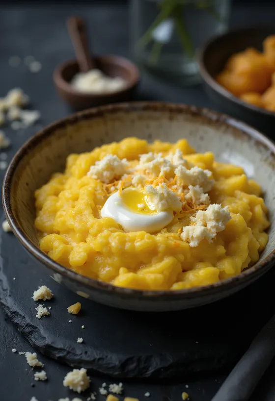 Nylagad, krämig polenta serverad med smör och ost, på träbricka.